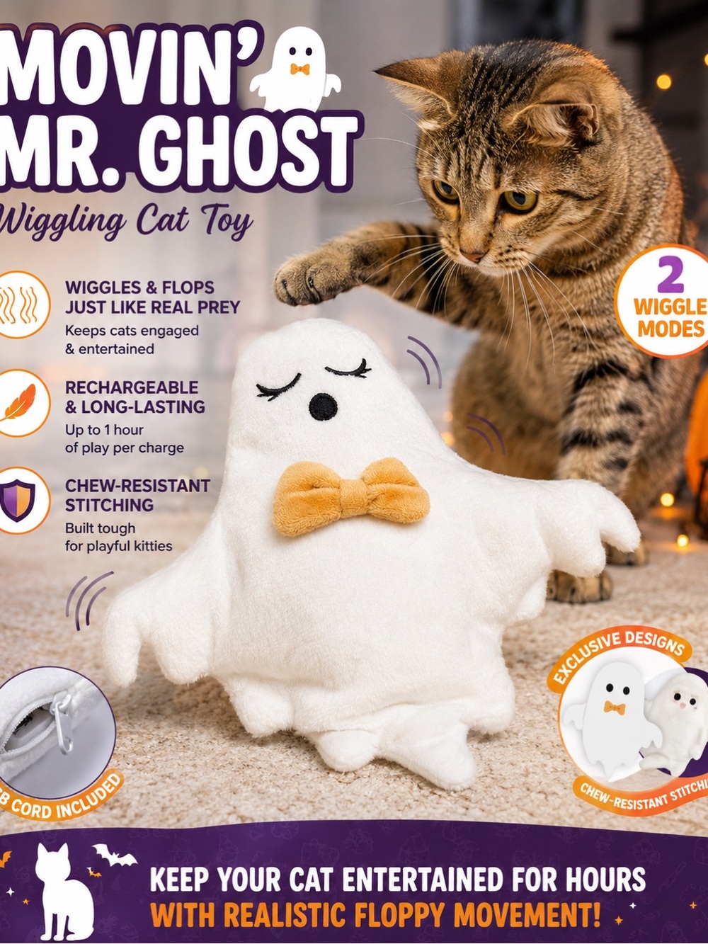Movin' Mr. Ghost Wiggling Cat Toy - White